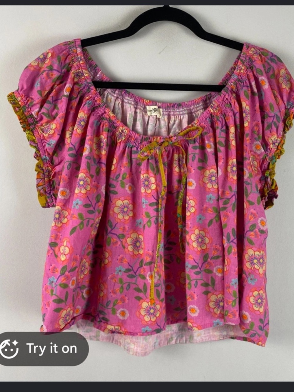 Natural Life Floral Peasant Blouse Pink Boho Cotton Flutter Sleeve Size XL - Picture 2 of 9
